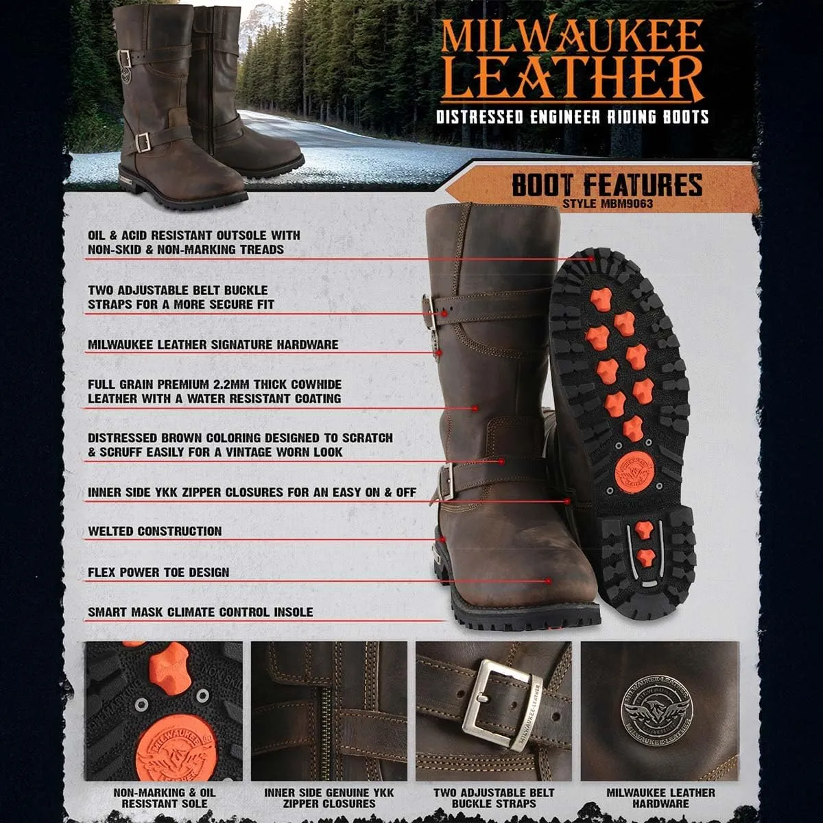 Milwaukee Leather MBM9063 Men's Distressed Brown Classic Engineer Boots - 7