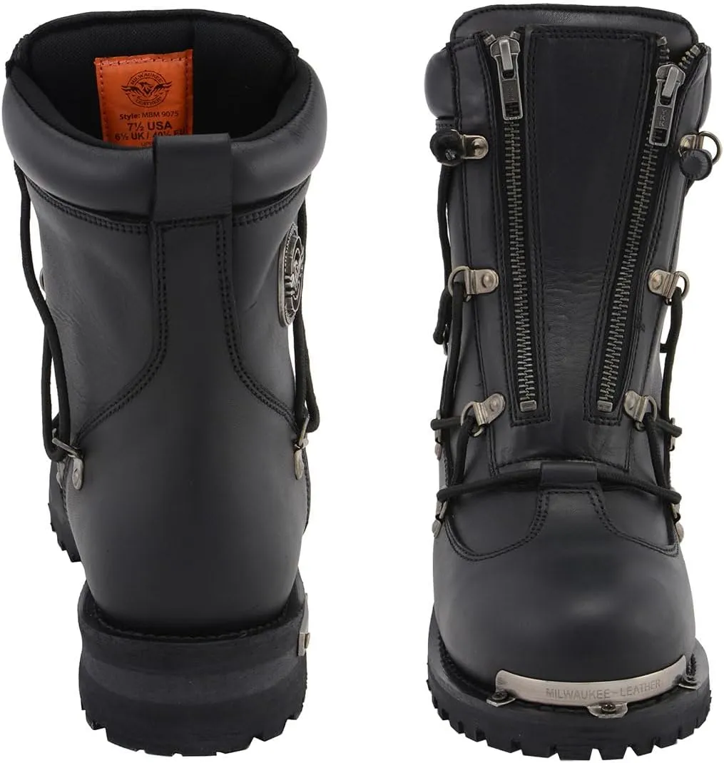 Milwaukee Leather MBM9075 Men's Black Leather 6-inch Plain Toe Dual Zipper Motorcycle Rider Boots
