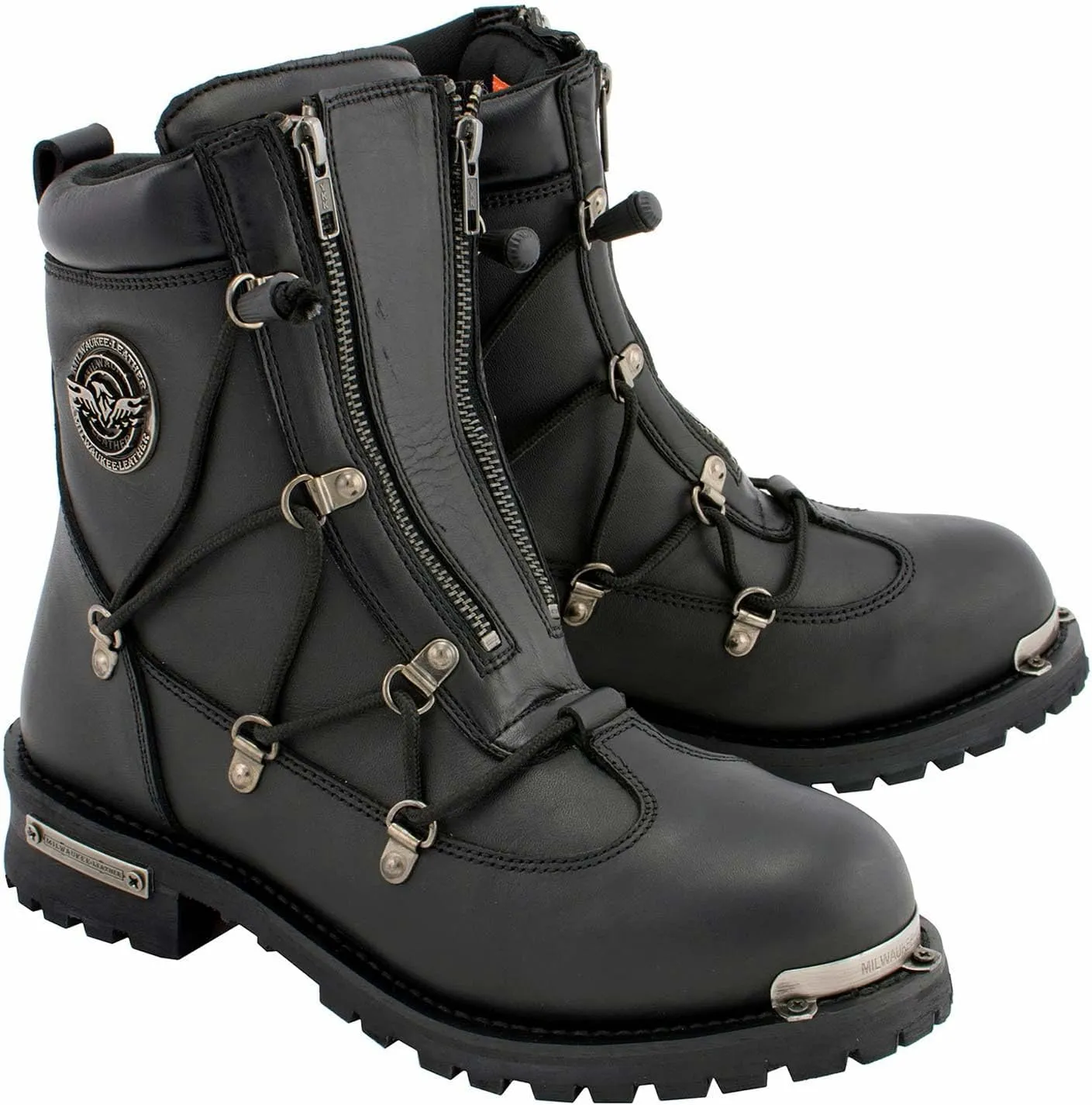 Milwaukee Leather MBM9075 Men's Black Leather 6-inch Plain Toe Dual Zipper Motorcycle Rider Boots