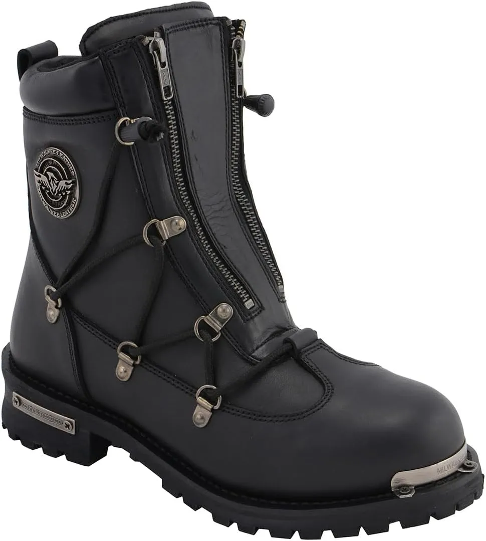 Milwaukee Leather MBM9075 Men's Black Leather 6-inch Plain Toe Dual Zipper Motorcycle Rider Boots