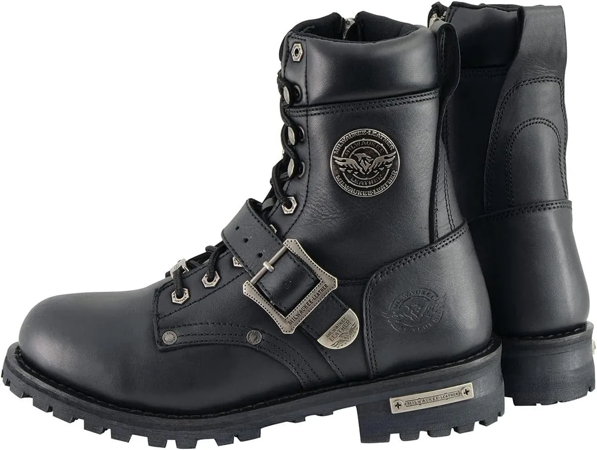 Milwaukee Leather Men's Black Leather Lace-Up Engineer Motorcycle Boots w/Buckles and Side Zipper MBM101-8