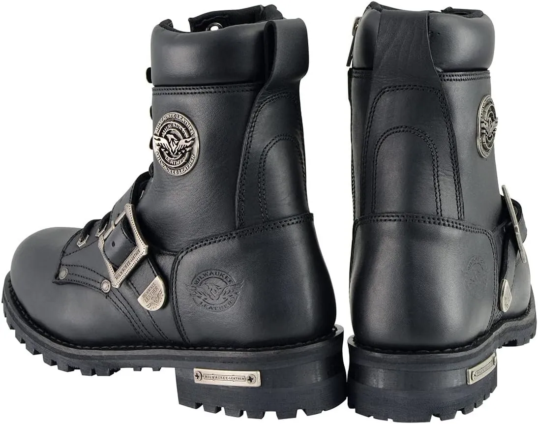 Milwaukee Leather Men's Black Leather Lace-Up Engineer Motorcycle Boots w/Buckles and Side Zipper MBM101-8