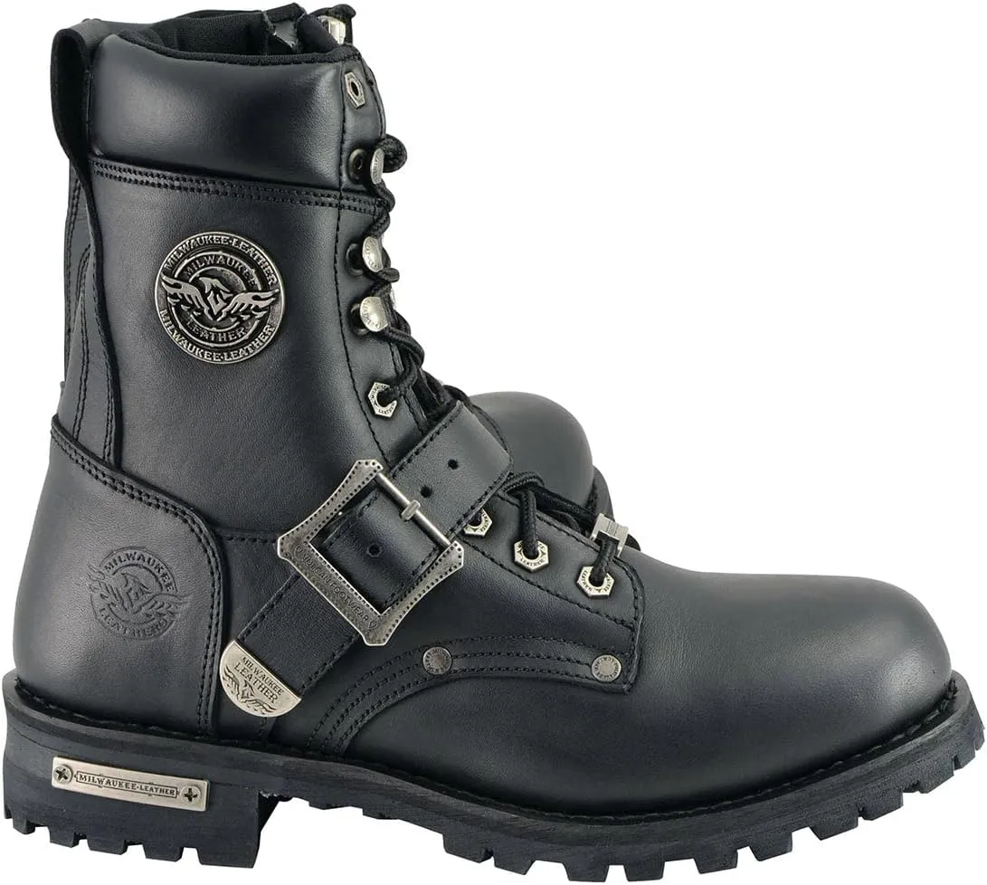 Milwaukee Leather Men's Black Leather Lace-Up Engineer Motorcycle Boots w/Buckles and Side Zipper MBM101-8