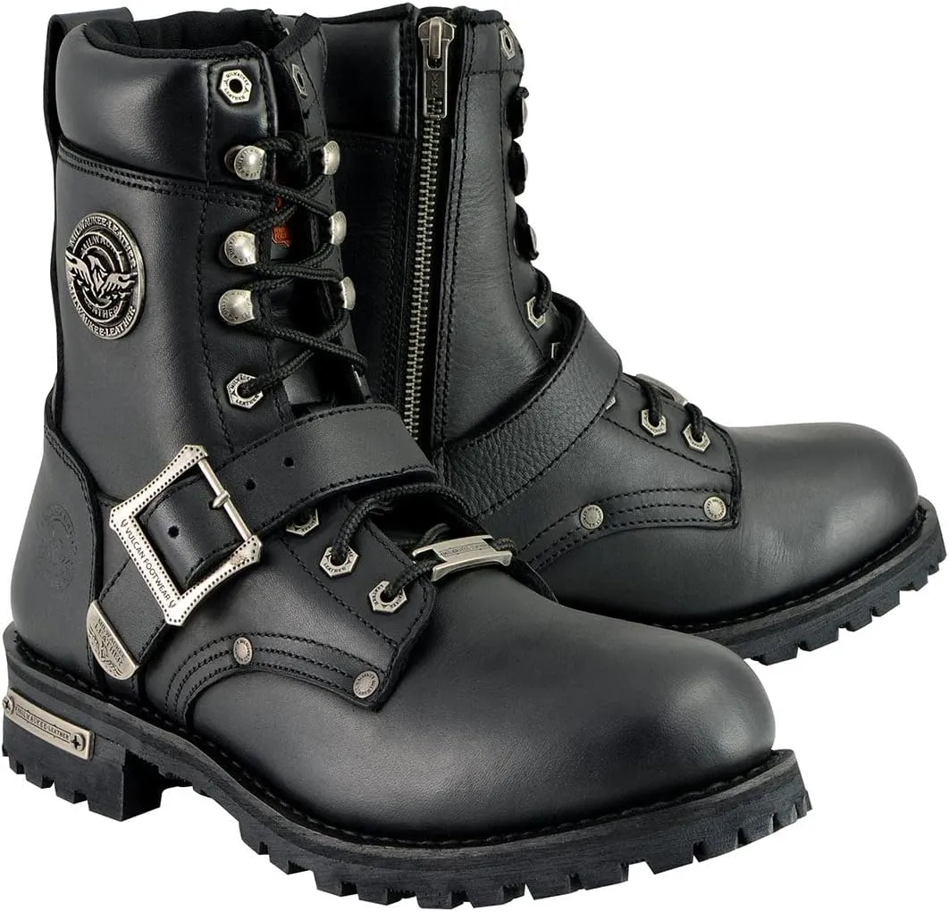 Milwaukee Leather Men's Black Leather Lace-Up Engineer Motorcycle Boots w/Buckles and Side Zipper MBM101-8