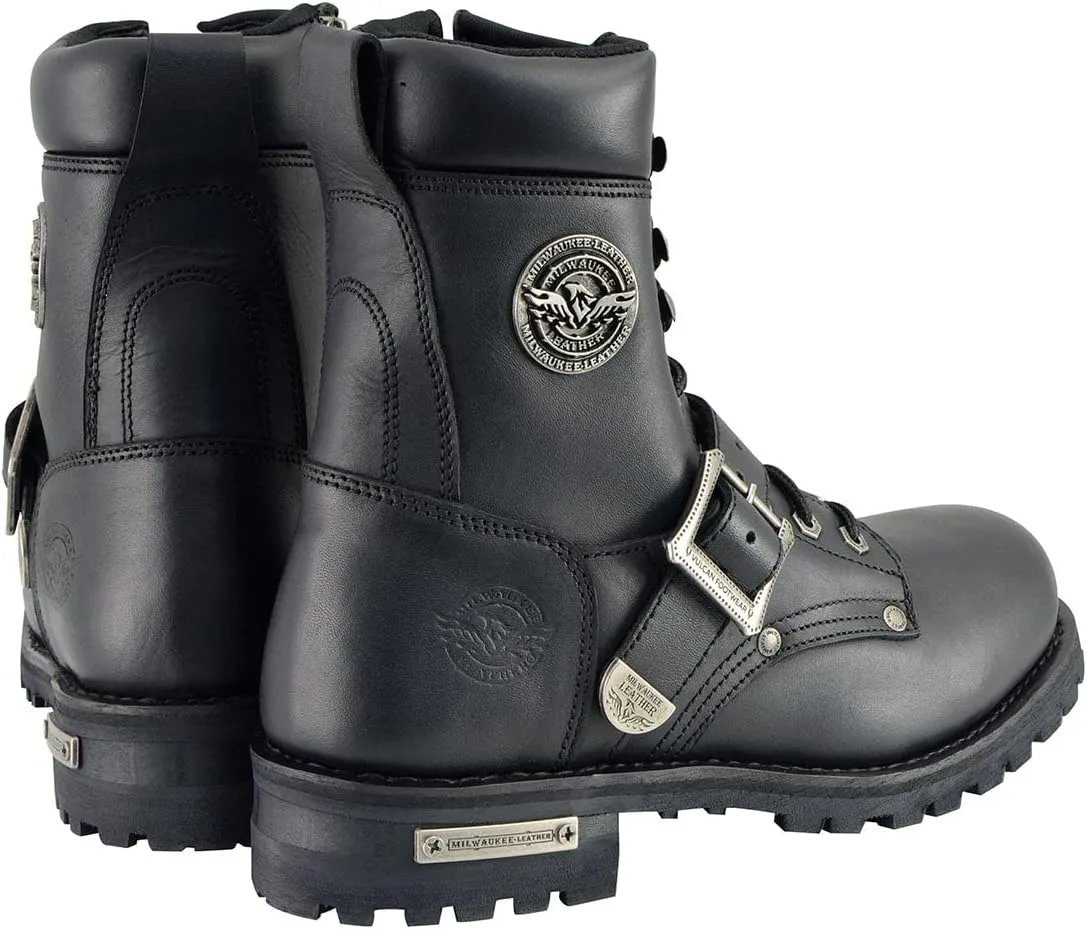 Milwaukee Leather Men's Black Leather Lace-Up Engineer Motorcycle Boots w/Buckles and Side Zipper MBM101-8