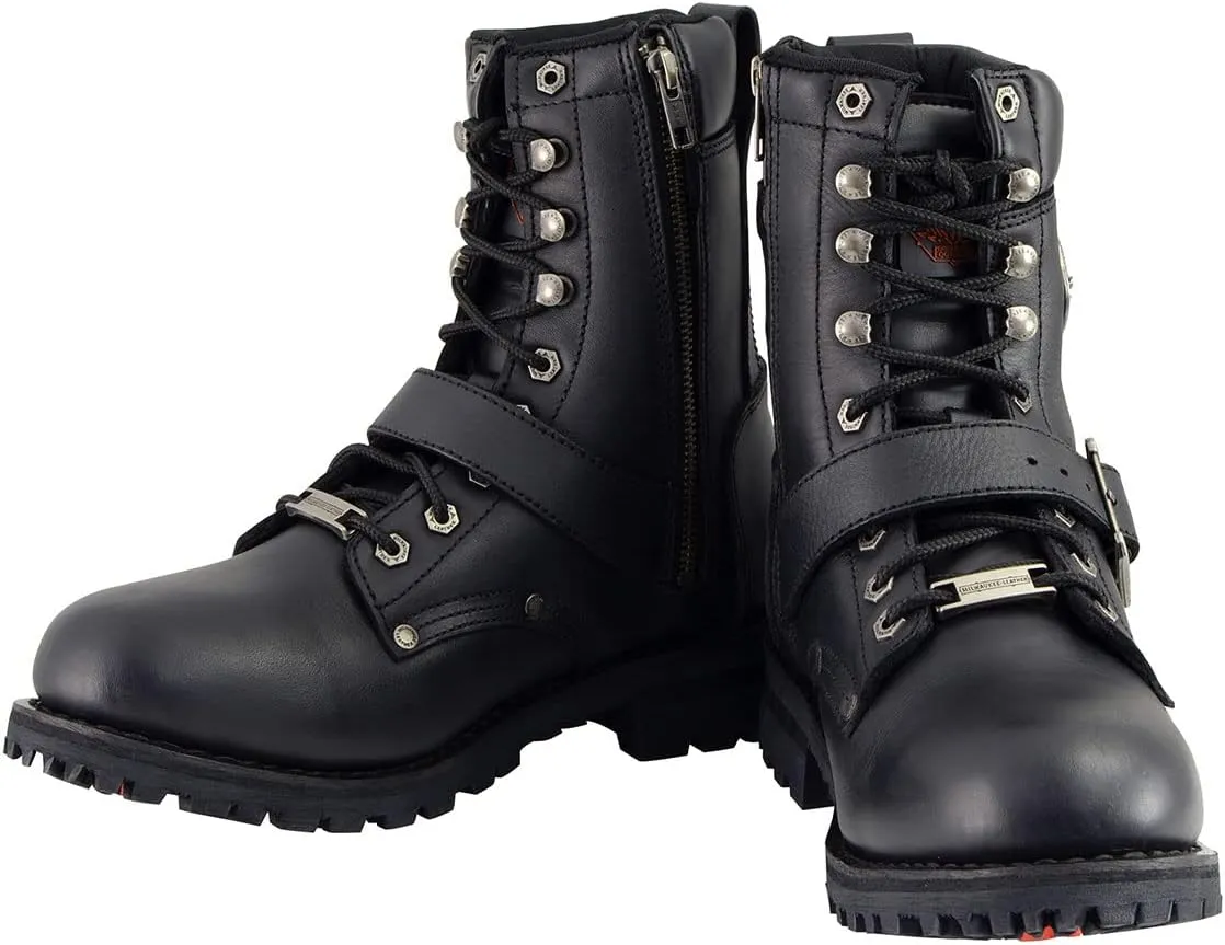 Milwaukee Leather Men's Black Leather Lace-Up Engineer Motorcycle Boots w/Buckles and Side Zipper MBM101-8