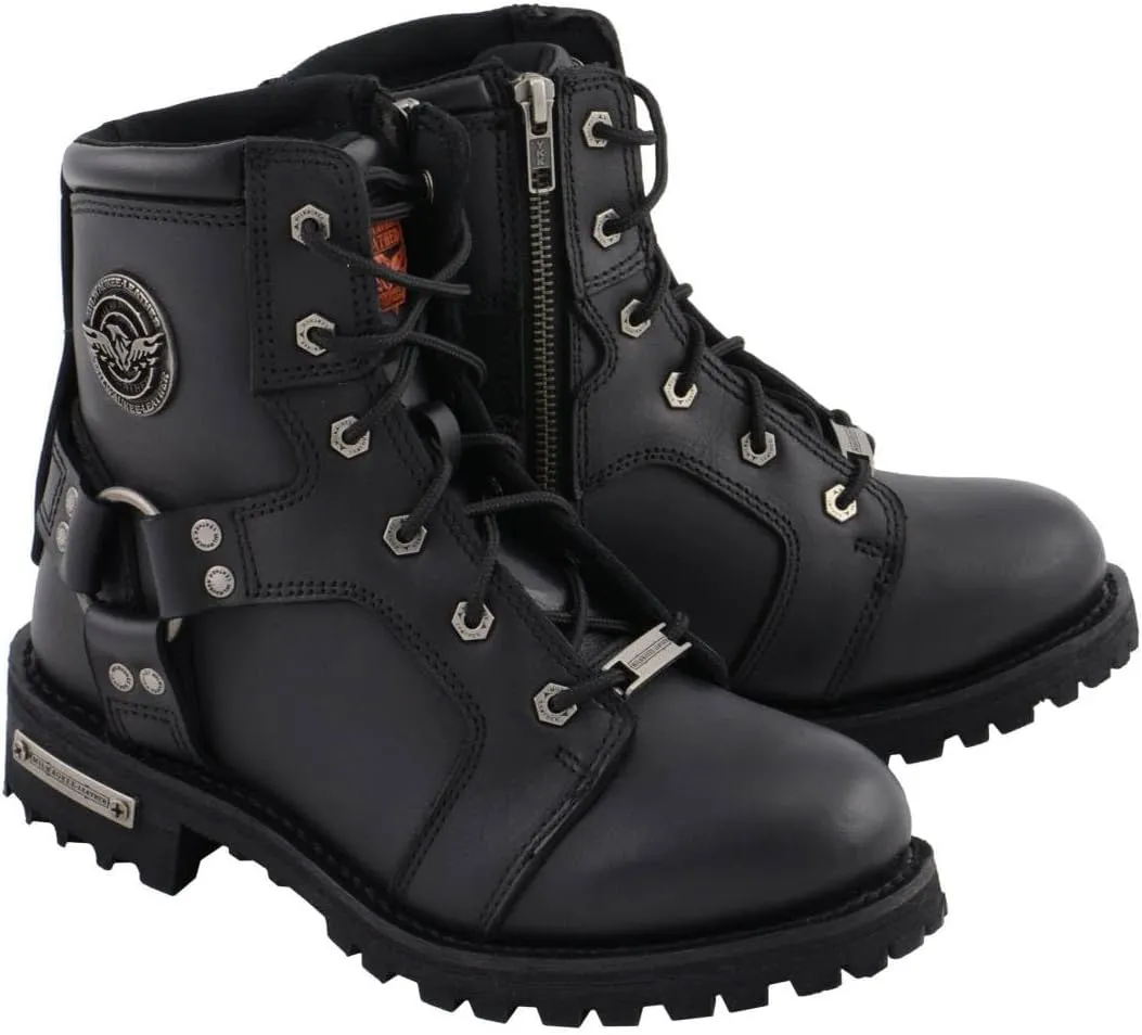 Milwaukee Leather Women's Black Leather 8-Inch Lace-Up Motorcycle Harness Boots with Side Zipper MBL9302