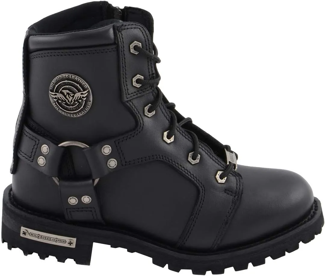 Milwaukee Leather Women's Black Leather 8-Inch Lace-Up Motorcycle Harness Boots with Side Zipper MBL9302