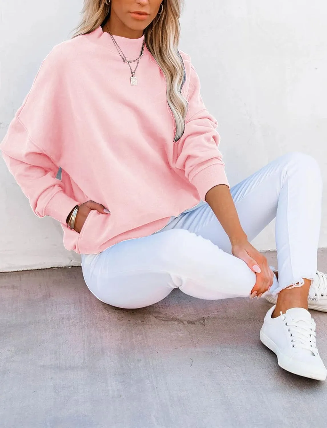 Minclouse Women's Casual Long sleeves Sweatshirt Tops Basic Loose Fit Mock Turtleneck Lightweight Tunic Pullover With Pocket