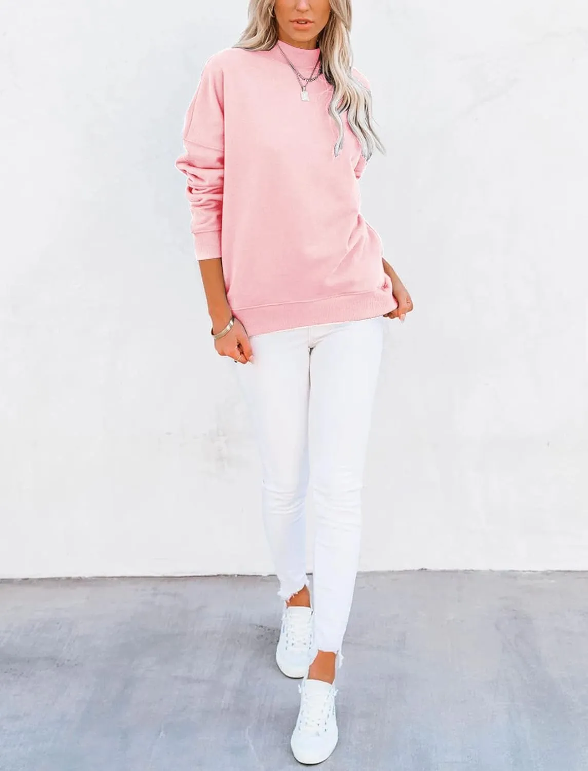 Minclouse Women's Casual Long sleeves Sweatshirt Tops Basic Loose Fit Mock Turtleneck Lightweight Tunic Pullover With Pocket