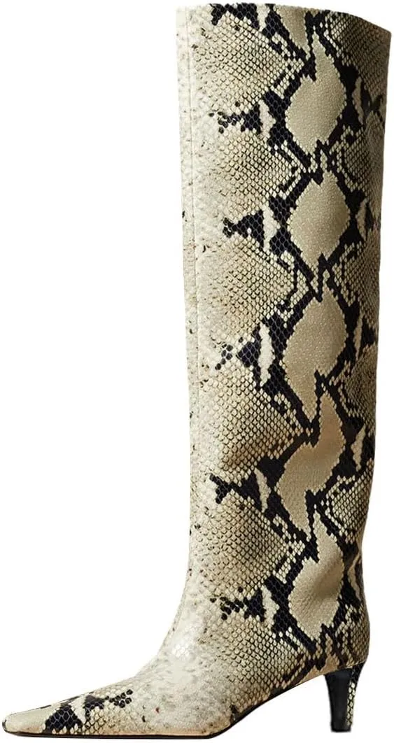 miss left Women Stretchy Knee High Boot Closed Square Toe Low Kitten Heel Winter Fall Tall Boots Party Dress Shoes Size 4-16 US