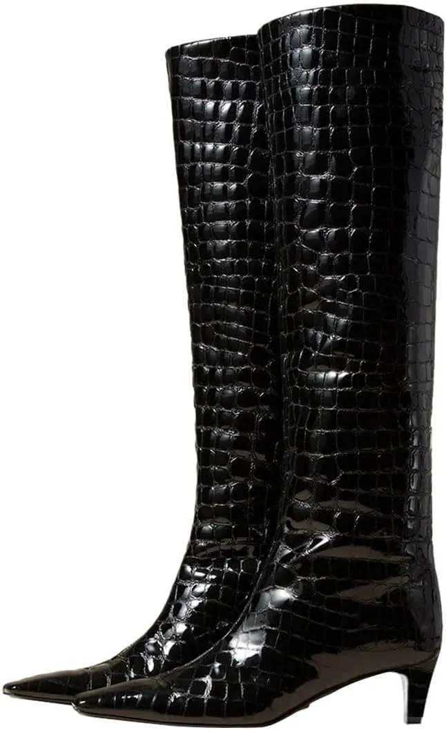 miss left Women Stretchy Knee High Boot Closed Square Toe Low Kitten Heel Winter Fall Tall Boots Party Dress Shoes Size 4-16 US