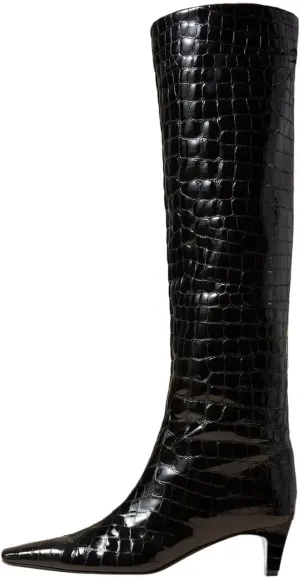 miss left Women Stretchy Knee High Boot Closed Square Toe Low Kitten Heel Winter Fall Tall Boots Party Dress Shoes Size 4-16 US