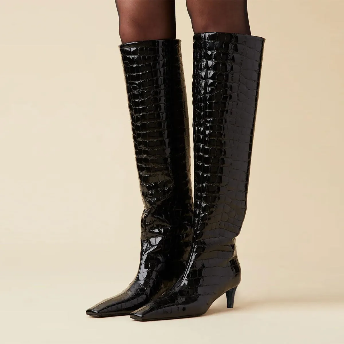 miss left Women Stretchy Knee High Boot Closed Square Toe Low Kitten Heel Winter Fall Tall Boots Party Dress Shoes Size 4-16 US