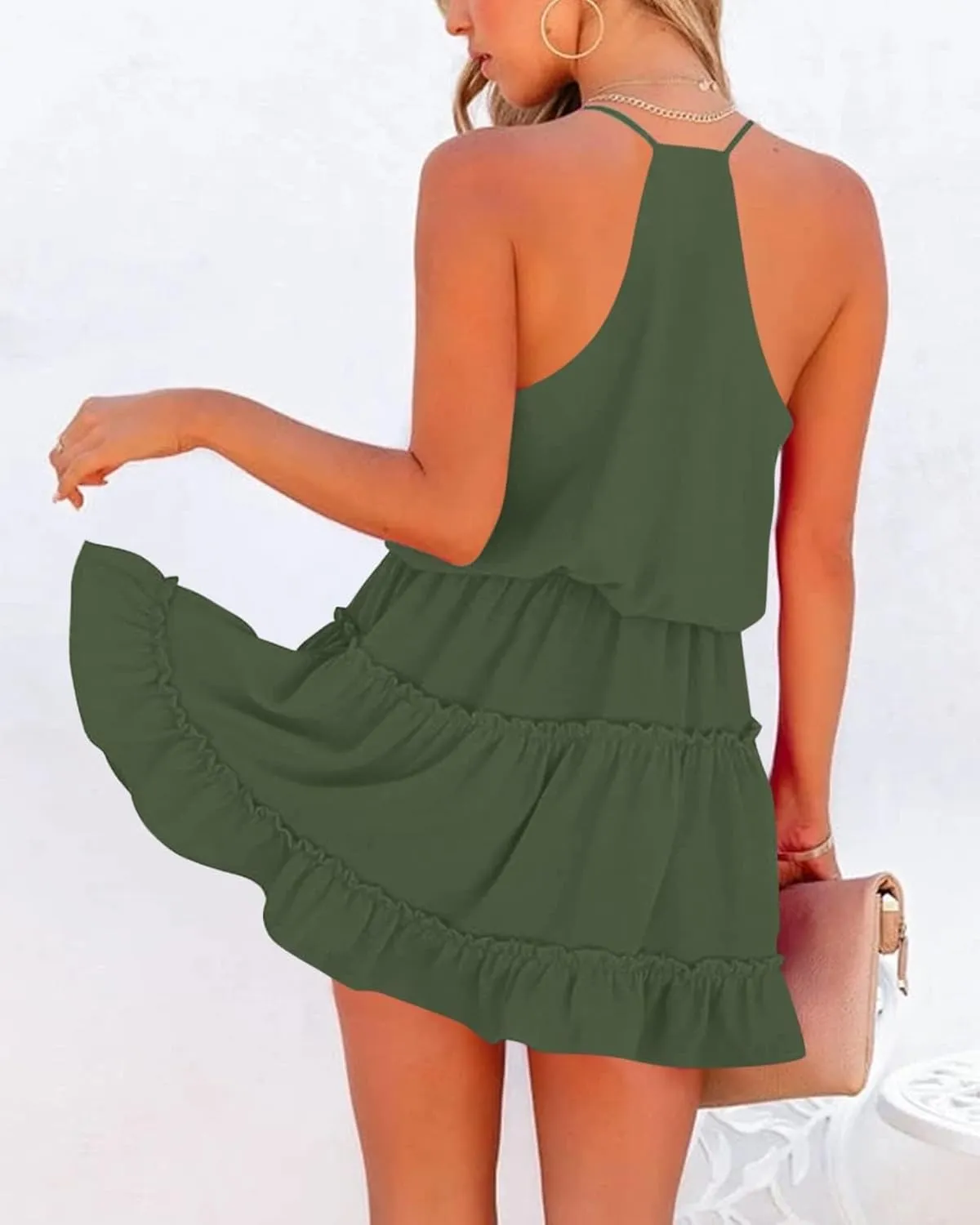 Newffr Womens V Neck Summer Dress Sleeveless Mini Dress Ruffle Dress Spaghetti Strap Racerback Sun Flowy Dress