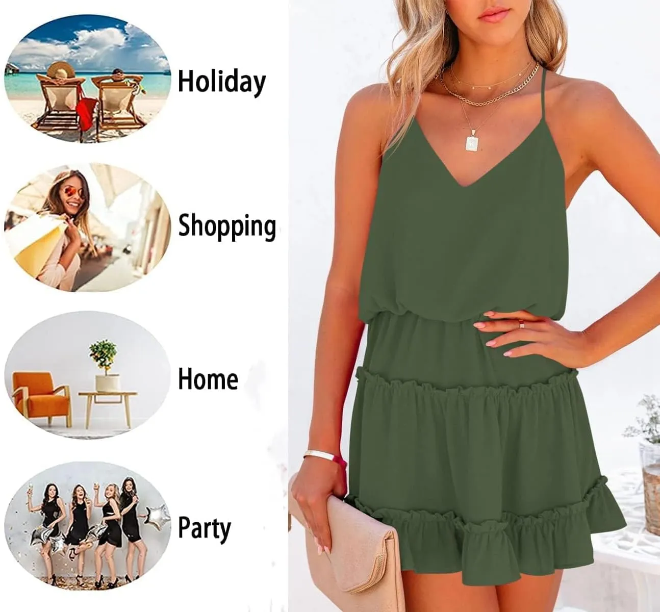 Newffr Womens V Neck Summer Dress Sleeveless Mini Dress Ruffle Dress Spaghetti Strap Racerback Sun Flowy Dress