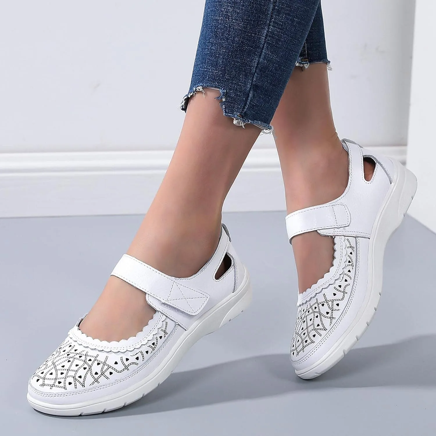 oiangi Summer Sandals for Women Fashion Casual Closed Toe Hollow Hole Hook and Loop Wedge Sandals Solid Comfortable Breathable Carved Flower Nurse Shoes