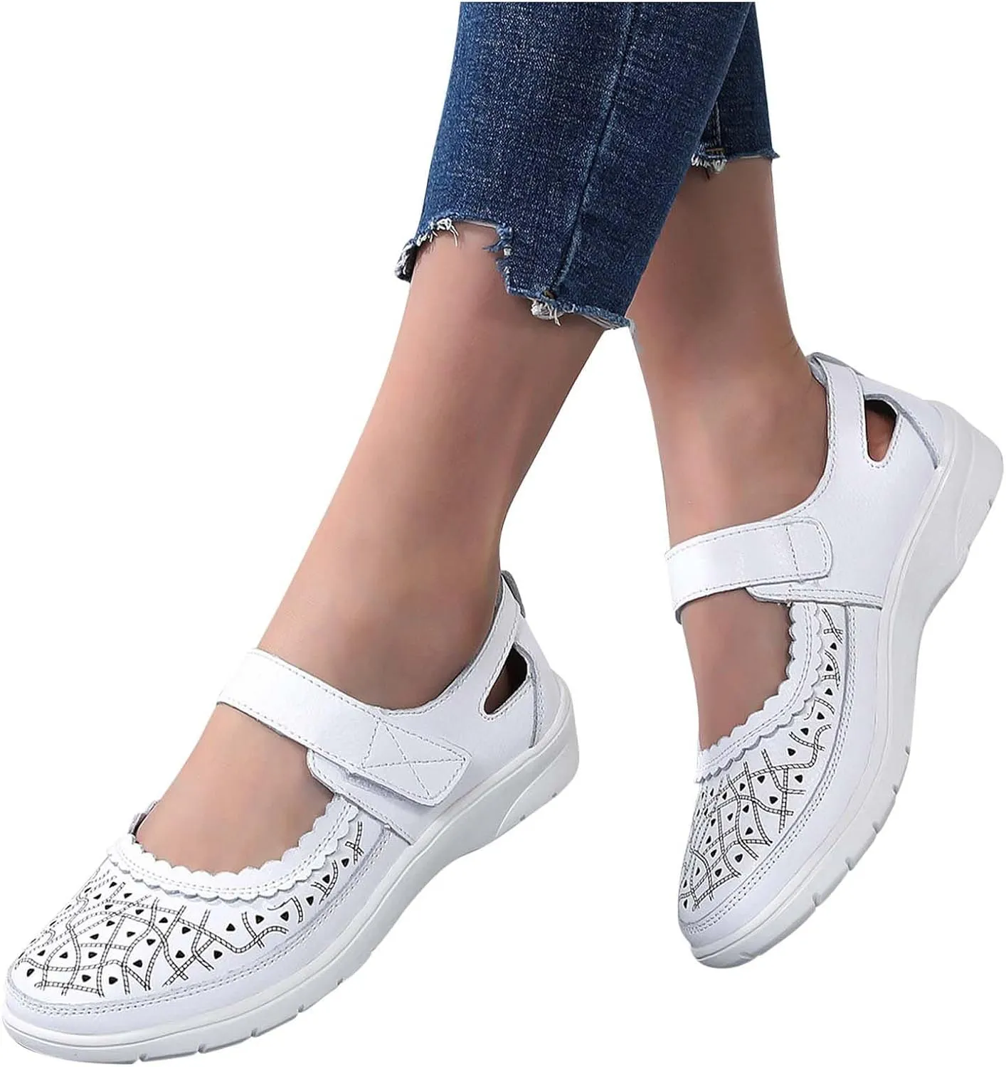 oiangi Summer Sandals for Women Fashion Casual Closed Toe Hollow Hole Hook and Loop Wedge Sandals Solid Comfortable Breathable Carved Flower Nurse Shoes