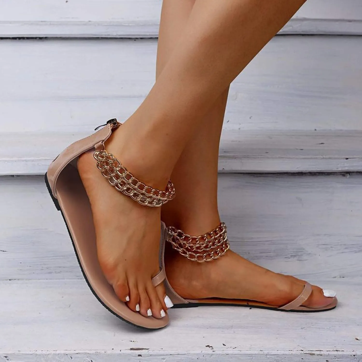 oiangi Toe Ring Sandals for Women Flat Summer Casual Metal Chain Ankle Straps Back Zipper Open Toe Sandals Comfy Snake Print Ladies Shoes Flip Flops