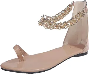 oiangi Toe Ring Sandals for Women Flat Summer Casual Metal Chain Ankle Straps Back Zipper Open Toe Sandals Comfy Snake Print Ladies Shoes Flip Flops