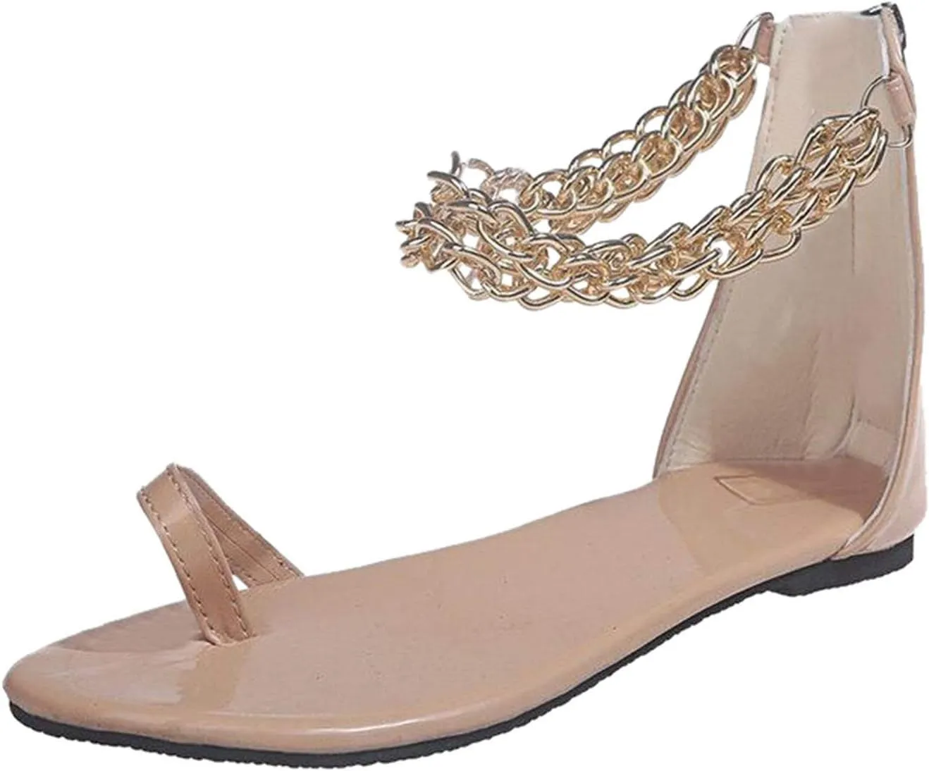 oiangi Toe Ring Sandals for Women Flat Summer Casual Metal Chain Ankle Straps Back Zipper Open Toe Sandals Comfy Snake Print Ladies Shoes Flip Flops