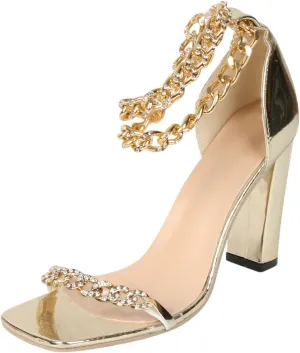 oiangi Women's Chunky High Heel Sandal,Sparkly Rhinestones Metal Chain Ankle Straps Square Toe Open Toe Block Heel Sandals Summer Comfy Casual Ladies Shoes