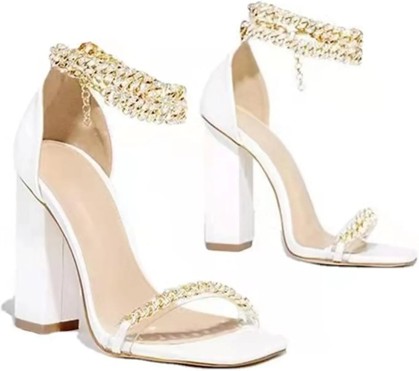 oiangi Women's Chunky High Heel Sandal,Sparkly Rhinestones Metal Chain Ankle Straps Square Toe Open Toe Block Heel Sandals Summer Comfy Casual Ladies Shoes