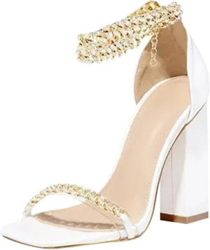 oiangi Women's Chunky High Heel Sandal,Sparkly Rhinestones Metal Chain Ankle Straps Square Toe Open Toe Block Heel Sandals Summer Comfy Casual Ladies Shoes