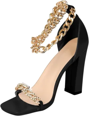 oiangi Women's Chunky High Heel Sandal,Sparkly Rhinestones Metal Chain Ankle Straps Square Toe Open Toe Block Heel Sandals Summer Comfy Casual Ladies Shoes