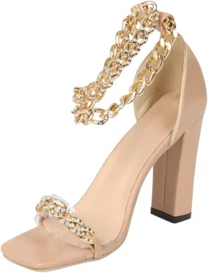 oiangi Women's Chunky High Heel Sandal,Sparkly Rhinestones Metal Chain Ankle Straps Square Toe Open Toe Block Heel Sandals Summer Comfy Casual Ladies Shoes