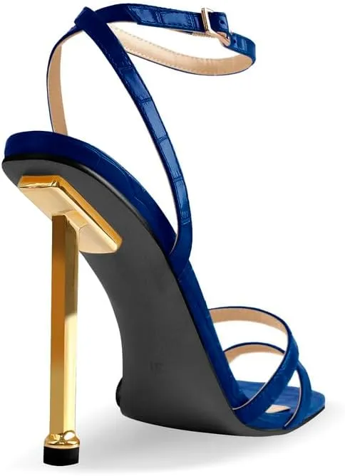 onlymaker Women's Fashion Square Toe Ankle Sandals Cross Buckle Strap Sexy Open-back Golden Stiletto High Heel Sandals