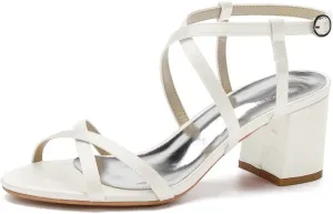 Open Toe Satin Strappy Block Heels Wedding Shoes for Bride Low Heels White Bridal Shoes Ankle Strap White Heels Prom Evening Party Dress Shoes Pumps for Women