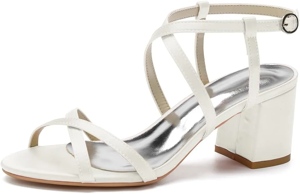 Open Toe Satin Strappy Block Heels Wedding Shoes for Bride Low Heels White Bridal Shoes Ankle Strap White Heels Prom Evening Party Dress Shoes Pumps for Women
