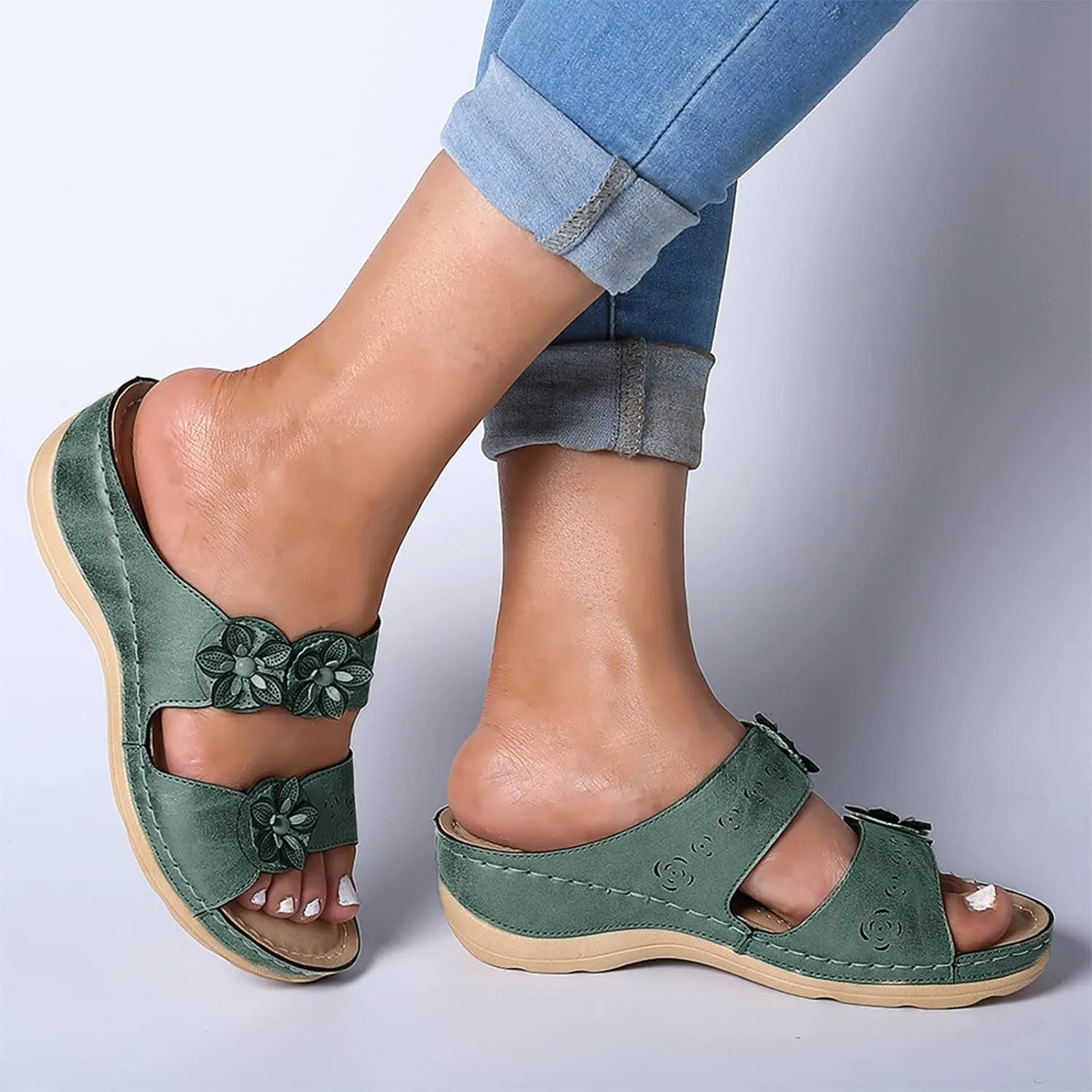 Orthopedic Sandals for Women, Women Wedge Walking Slippers with Arch Support Anti-Slip Breathable Sandal Slip On Flip Flops Dressy Summer Comfy Platform Beach Travel Sandal Shoes (06-Green, 9)