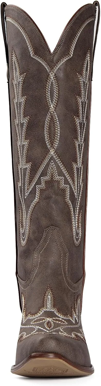 Ouepiano Cowboy Boots for Women Knee High Cowgirl Boots with Classic Embroidered Slip On Pointed Toe Chunky Heel Pull On Fashion Retro Tall Boot