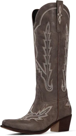 Ouepiano Cowboy Boots for Women Knee High Cowgirl Boots with Classic Embroidered Slip On Pointed Toe Chunky Heel Pull On Fashion Retro Tall Boot