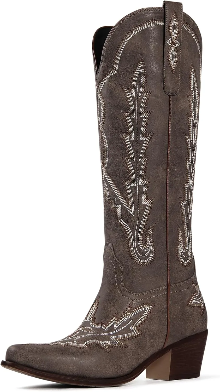 Ouepiano Cowboy Boots for Women Knee High Cowgirl Boots with Classic Embroidered Slip On Pointed Toe Chunky Heel Pull On Fashion Retro Tall Boot
