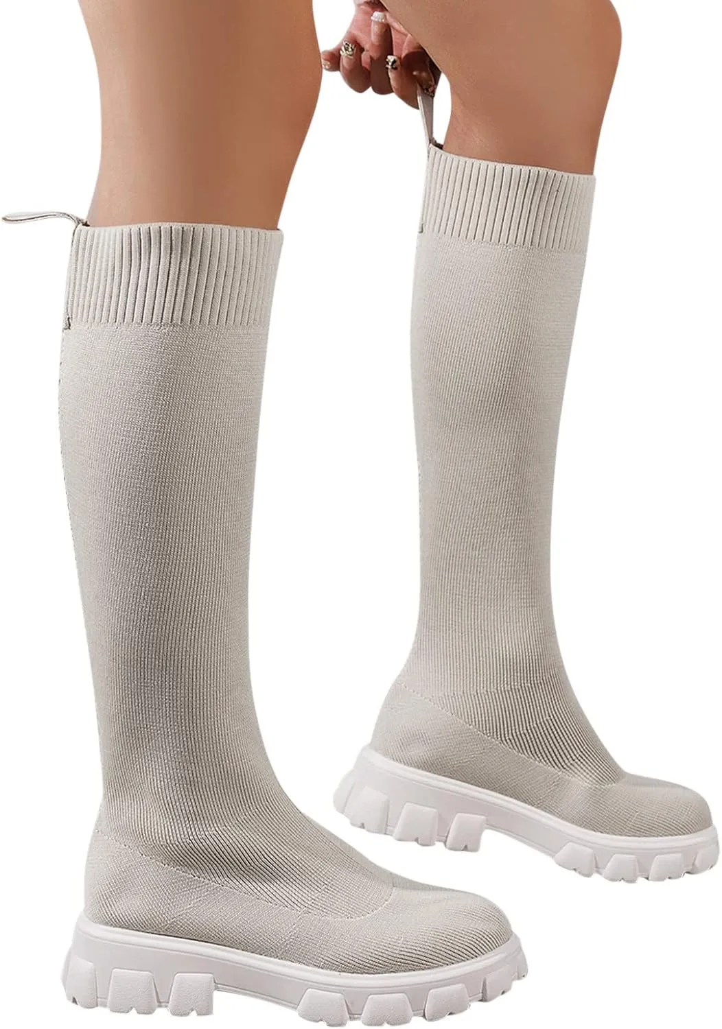 Over the Knee Boots for Women Thigh High Boots Knit Sock Boots Round Toe Mid Chunky Heel Stretch Platform Fall Boots