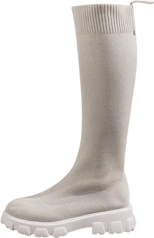 Over the Knee Boots for Women Thigh High Boots Knit Sock Boots Round Toe Mid Chunky Heel Stretch Platform Fall Boots