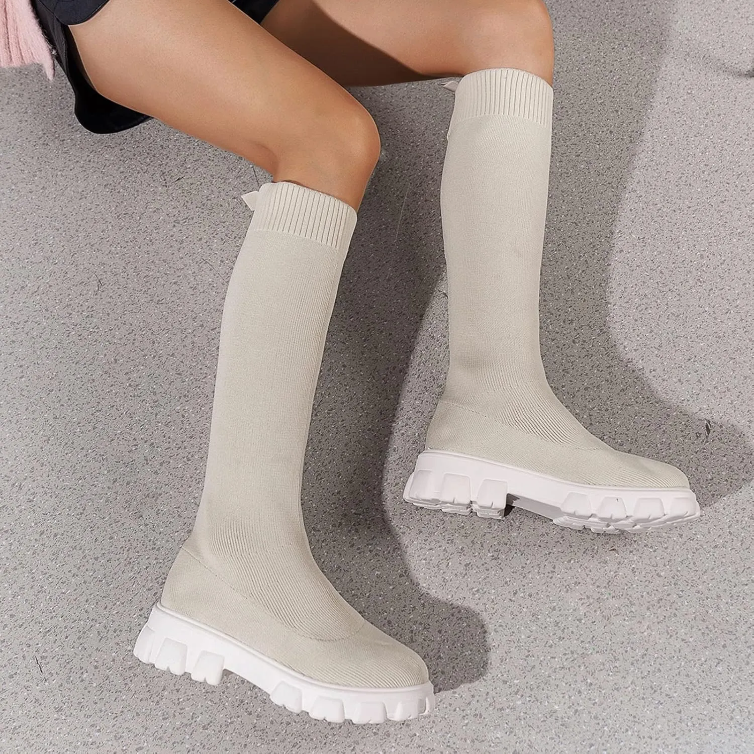 Over the Knee Boots for Women Thigh High Boots Knit Sock Boots Round Toe Mid Chunky Heel Stretch Platform Fall Boots