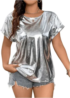 OYOANGLE Women's Plus Size Metallic Short Sleeve T-Shirts Crew Neck Tees Party Clubwear Tops