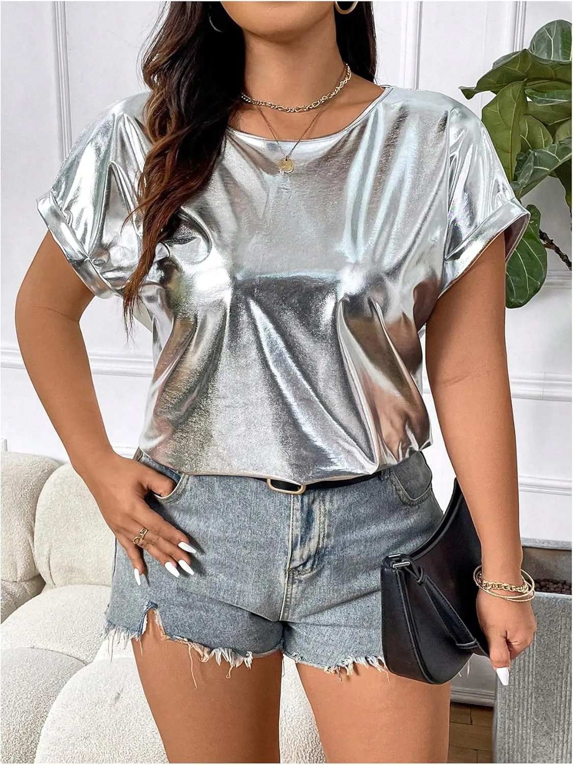 OYOANGLE Women's Plus Size Metallic Short Sleeve T-Shirts Crew Neck Tees Party Clubwear Tops