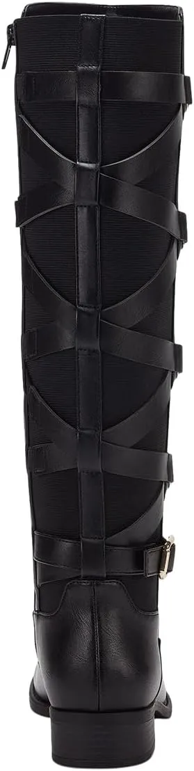 Pazzion Women Rounded Toe Low Thick Heel Knee High Boots Side Zip Crisscross Strappy Buckles Tall Booties Comfy Leisure Outdoor Shoes Size 4-16 US