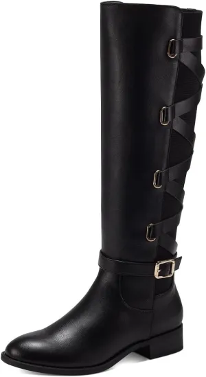 Pazzion Women Rounded Toe Low Thick Heel Knee High Boots Side Zip Crisscross Strappy Buckles Tall Booties Comfy Leisure Outdoor Shoes Size 4-16 US