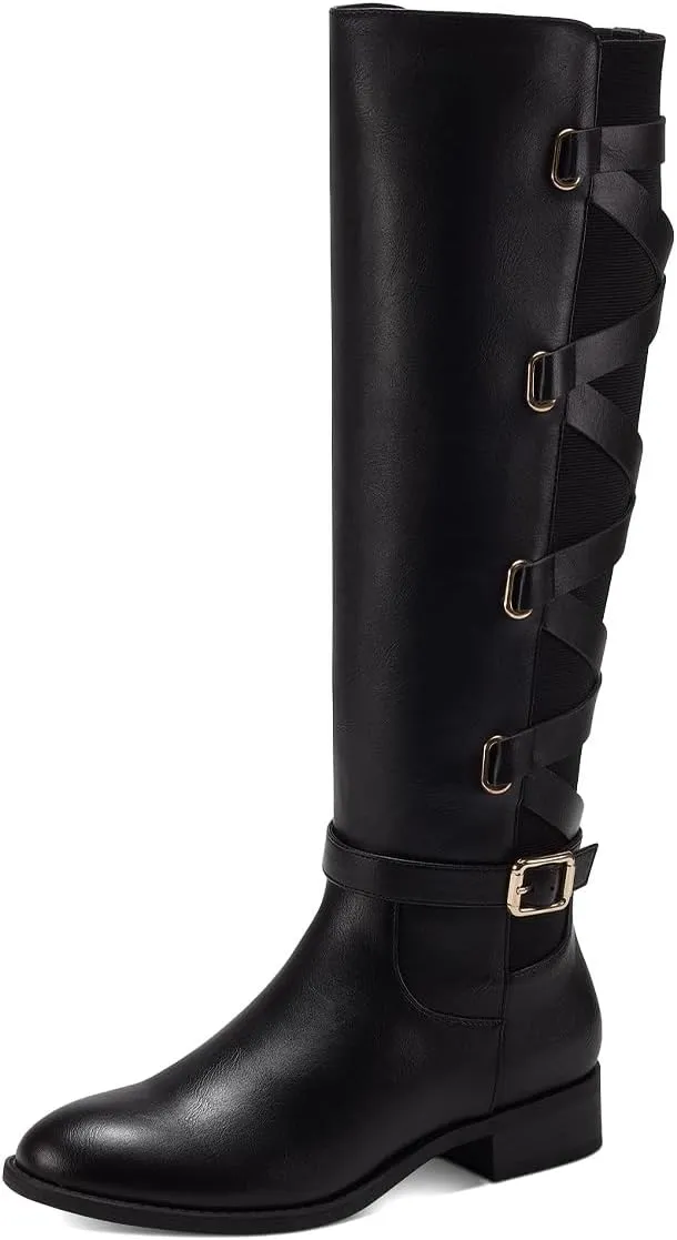 Pazzion Women Rounded Toe Low Thick Heel Knee High Boots Side Zip Crisscross Strappy Buckles Tall Booties Comfy Leisure Outdoor Shoes Size 4-16 US