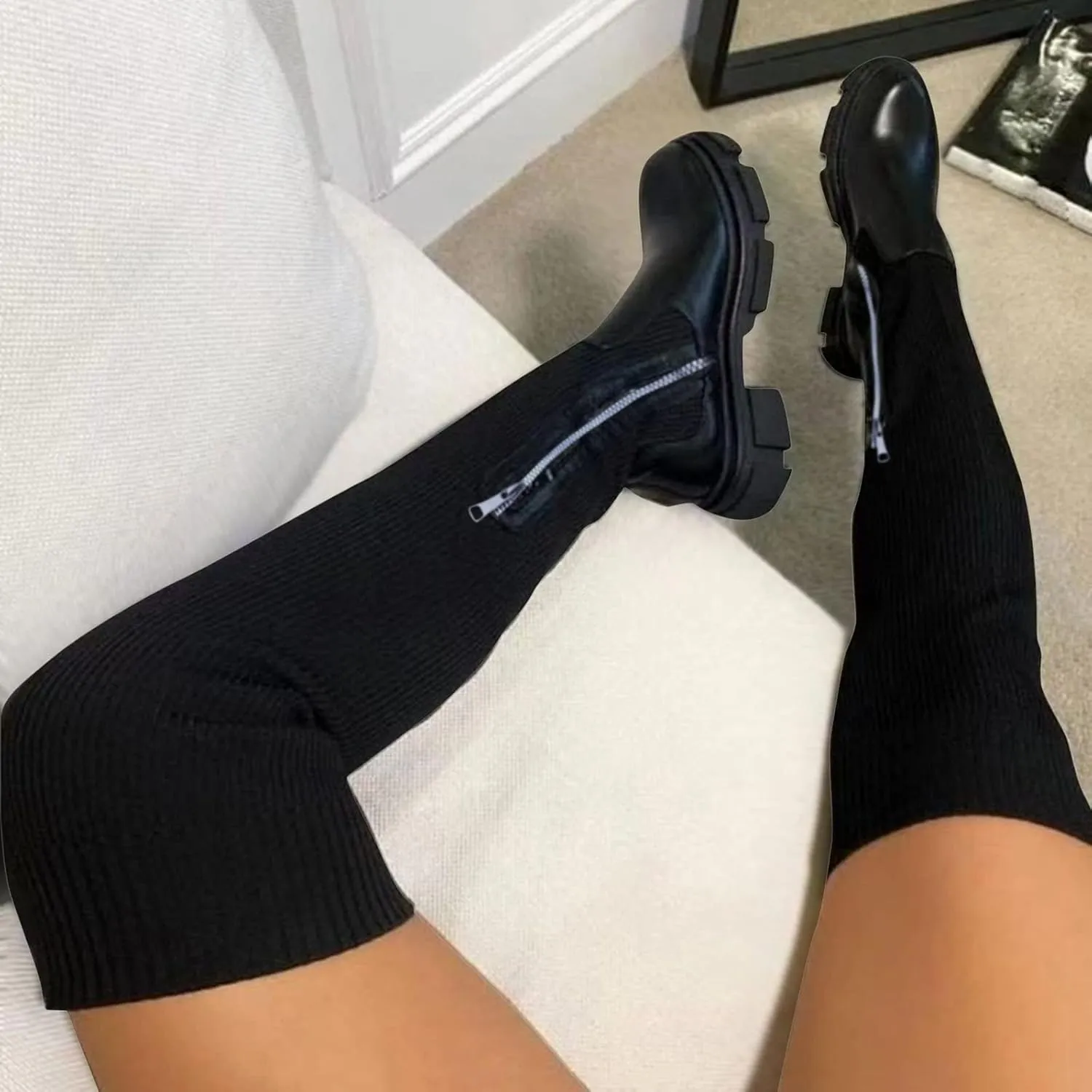 Platform Thigh High Boots Women Wide Calf Knee High Boots Knit Stretch Chunky Heel Over The Knee Boots Casual Round Toe Lug Sole High Boots Fashion Boots for Women Tall Boots (a-Black, 9.5)