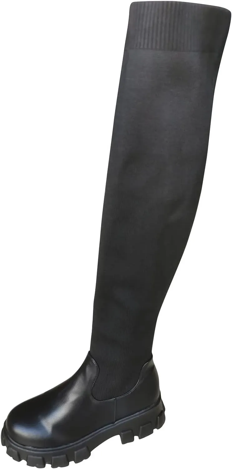 Platform Thigh High Boots Women Wide Calf Knee High Boots Knit Stretch Chunky Heel Over The Knee Boots Casual Round Toe Lug Sole High Boots Fashion Boots for Women Tall Boots (a-Black, 9.5)