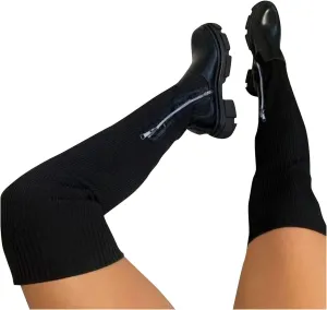 Platform Thigh High Boots Women Wide Calf Knee High Boots Knit Stretch Chunky Heel Over The Knee Boots Casual Round Toe Lug Sole High Boots Fashion Boots for Women Tall Boots (a-Black, 9.5)