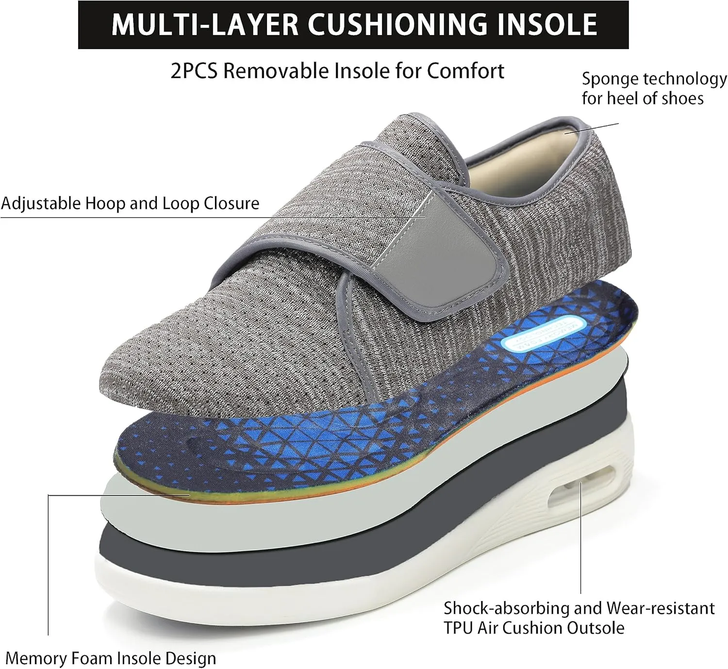 QHBPMGAD Diabetic Shoes for Women, Women's Wide Width Elderly Shoes, Adjustable Hook and Loop Closure Anti-Slip Breathable Lightweight, Swollen Feet Walking Edema Sneakers