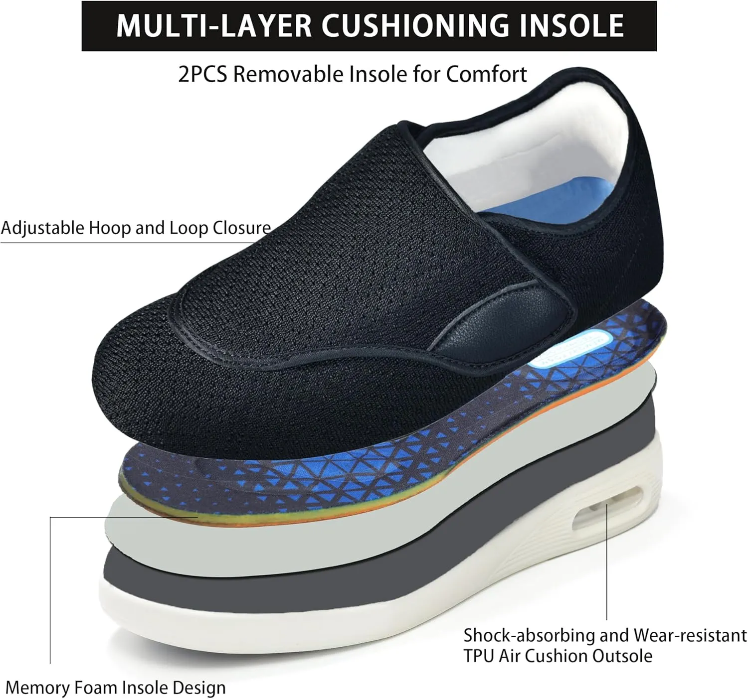 QHBPMGAD Mens Diabetic Shoes for Men Extra Wide Slip on Shoes for Swollen Feet Adjustable Hook and Loop Closure Anti-Slip Breathable Edema Walking Shoes